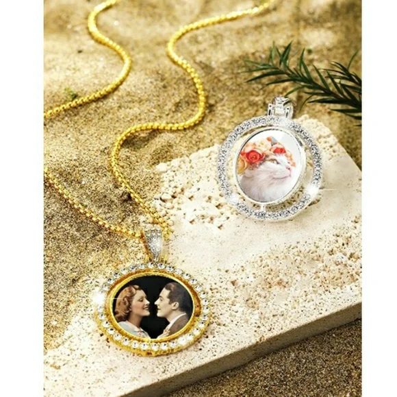 Double Sided Rhinestone Circle Photo Pendant in White Rose & Gold - Picture 5 of 5